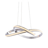 Endon Neve LED pendant light with sculptural looped chrome band and white diffuser, suspended on thin wire cables against a plain white background.