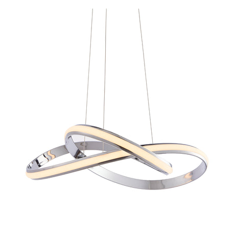 Endon Neve LED pendant light with sculptural looped chrome band and white diffuser, suspended on thin wire cables against a plain white background.