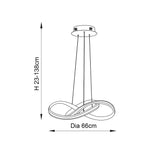 Dimension diagram of Endon Neve pendant light showing 66cm diameter sculptural looped form and adjustable 23-138cm drop on wire cables.