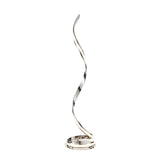 Neve Floor Lamp in polished chrome with a spiralling illuminated curve and white diffuser, set on a round base against a plain white background.