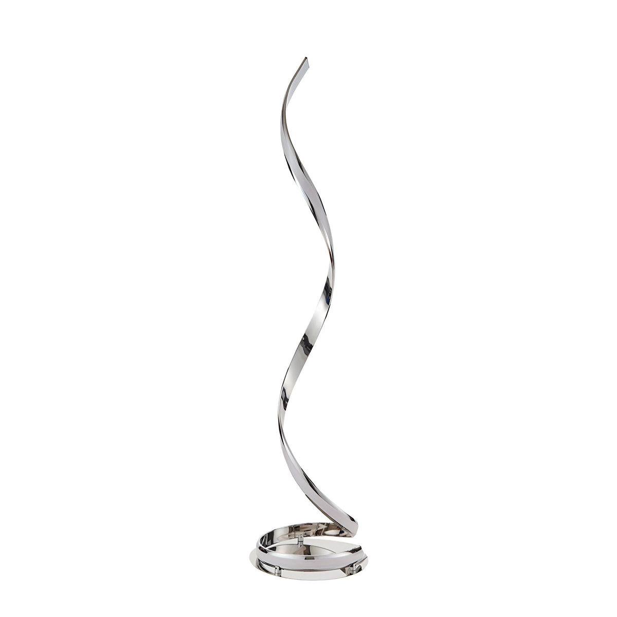 Neve Floor Lamp in polished chrome with a sculptural spiralling curved body and white diffuser, set on a plain white background.