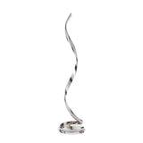 Neve Floor Lamp in polished chrome with a sculptural spiralling curved body and white diffuser, set on a plain white background.
