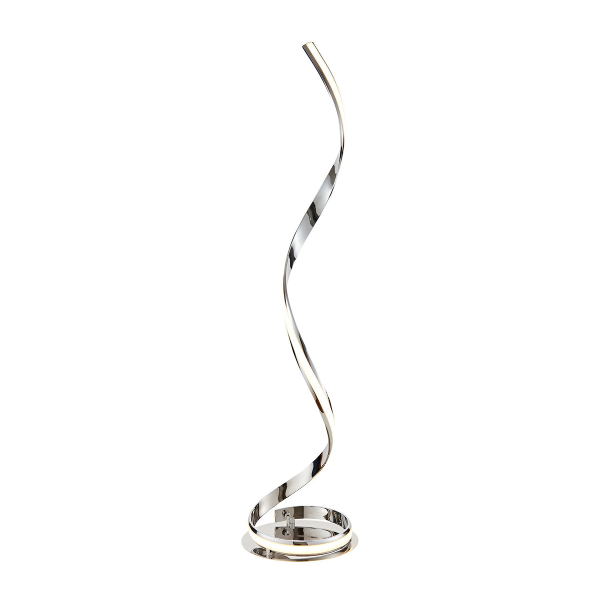 Neve Floor Lamp in polished chrome with a spiralling illuminated curve and white diffuser, set on a round ring base against a plain white background.