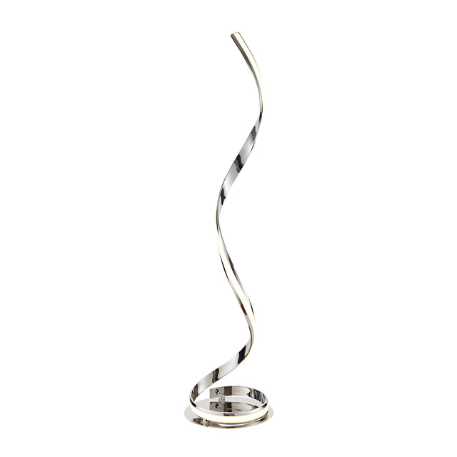 Neve Floor Lamp in polished chrome with a spiralling illuminated curve and white diffuser, set on a round ring base against a plain white background.