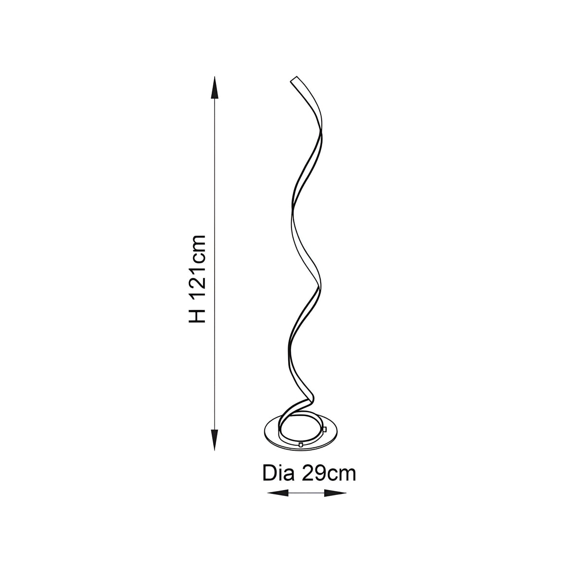 Line drawing of the Neve Floor Lamp showing chrome spiral curve on a round base, with height 121cm and 29cm diameter dimensions marked.