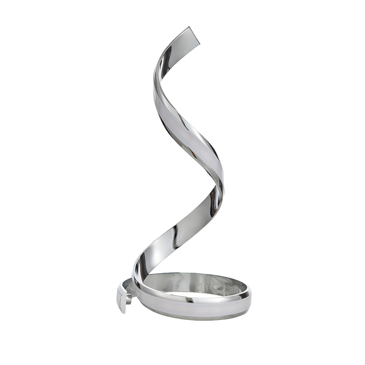 Endon Neve table lamp in polished chrome with a sculptural spiral form and integrated LED diffuser, shown on a plain white background.