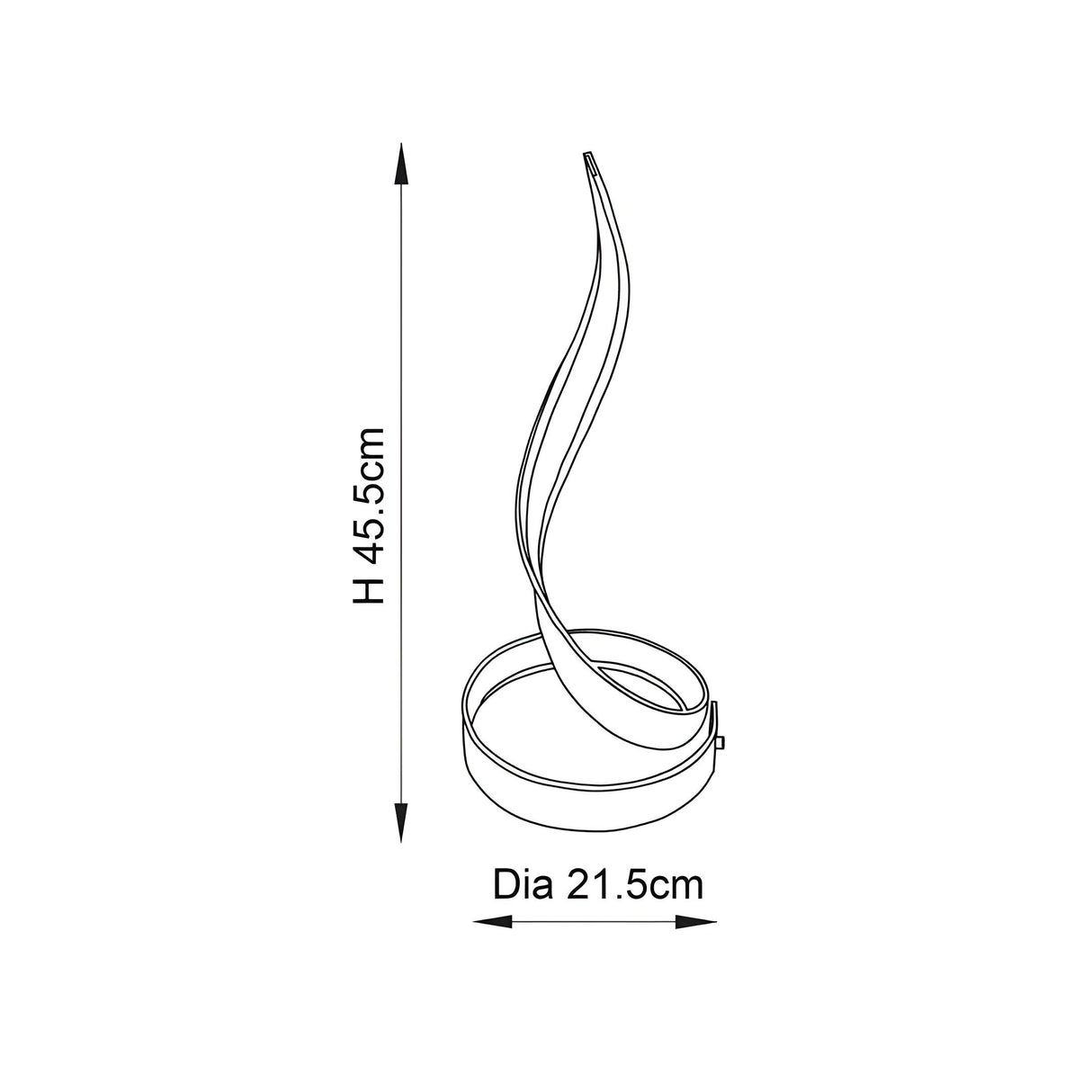 Dimension diagram of the Endon Neve chrome table lamp showing a curved sculptural form with height 45.5cm and base diameter 21.5cm.