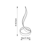 Dimension diagram of the Endon Neve chrome table lamp showing a curved sculptural form with height 45.5cm and base diameter 21.5cm.