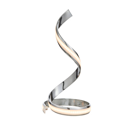 Endon Neve table lamp in polished chrome with a sculptural spiral form and integrated LED diffuser glowing warm white, shown on a plain background.