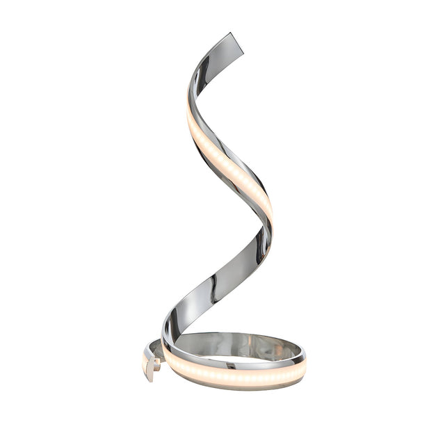 Endon Neve table lamp in polished chrome with a sculptural spiral form and integrated LED diffuser glowing warm white, shown on a plain background.