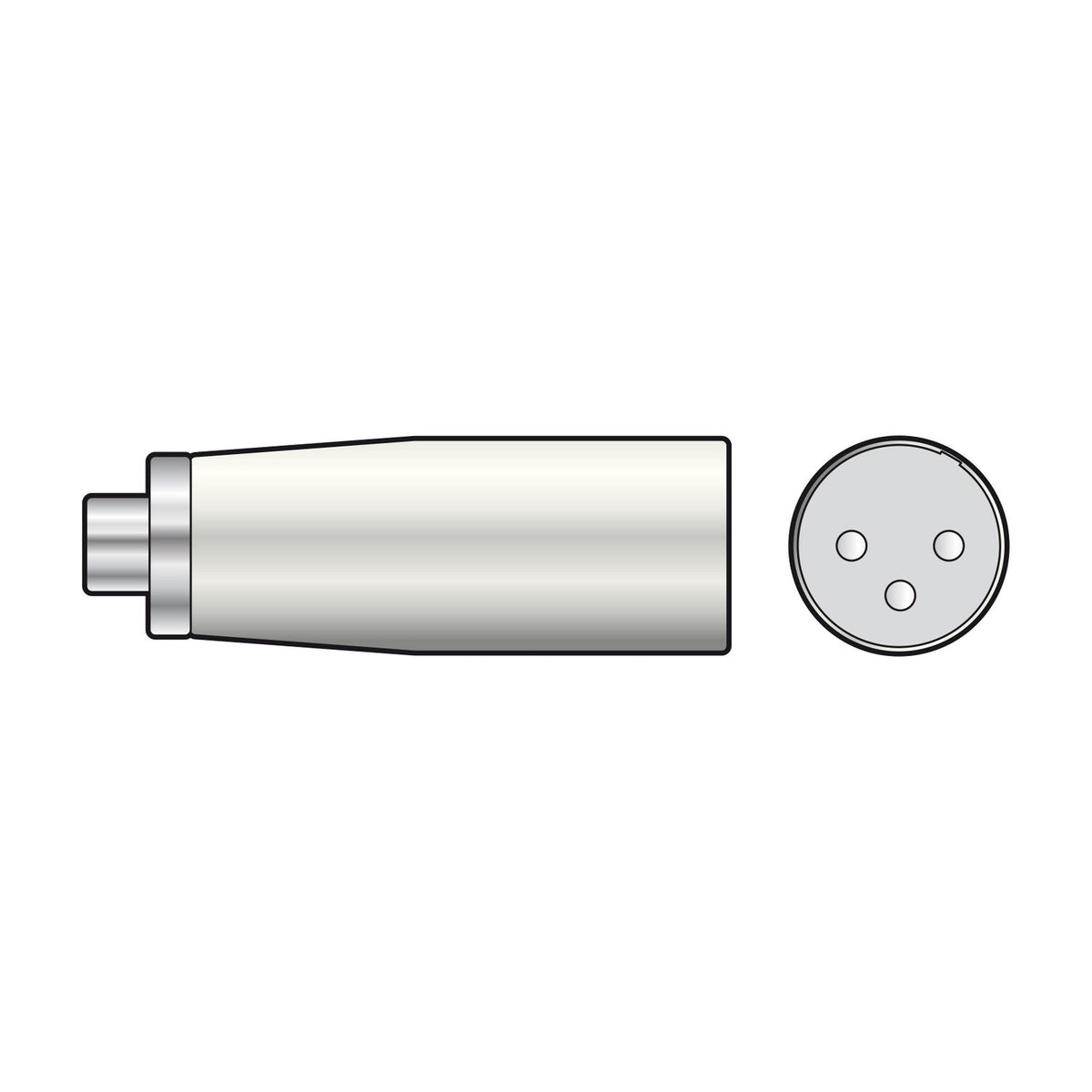 QTX XLR male to RCA phono socket adapter with metal-bodied casing, shown alongside a front view of the 3-pin XLR connector on a white background.