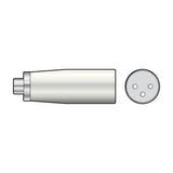 QTX XLR male to RCA phono socket adapter with metal-bodied casing, shown alongside a front view of the 3-pin XLR connector on a white background.