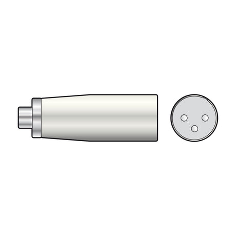 QTX XLR male to RCA phono socket adapter with metal-bodied casing, shown alongside a front view of the 3-pin XLR connector on a white background.