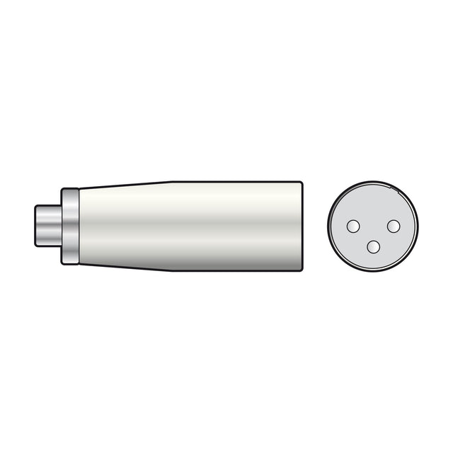 QTX XLR male to RCA phono socket adapter with metal-bodied casing, shown alongside a front view of the 3-pin XLR connector on a white background.