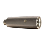 QTX XLR male to RCA phono socket adapter by AVSL, shown in metal-bodied form with 3-pin XLR connector and small screw fixing on a white background.