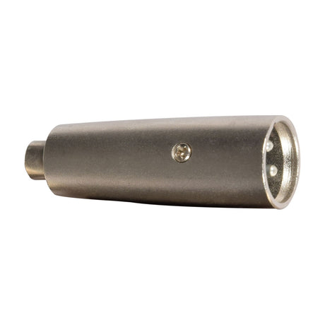 QTX XLR male to RCA phono socket adapter by AVSL, shown in metal-bodied form with 3-pin XLR connector and small screw fixing on a white background.