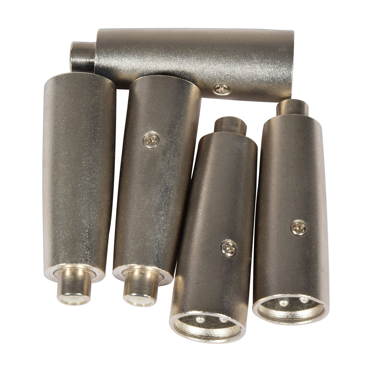 Group of QTX XLR male to RCA phono socket adapters with silver metal cylindrical bodies and visible screws, arranged on a plain white background.