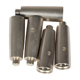 Group of QTX XLR male to RCA phono socket adapters with silver metal cylindrical bodies and visible screws, arranged on a plain white background.