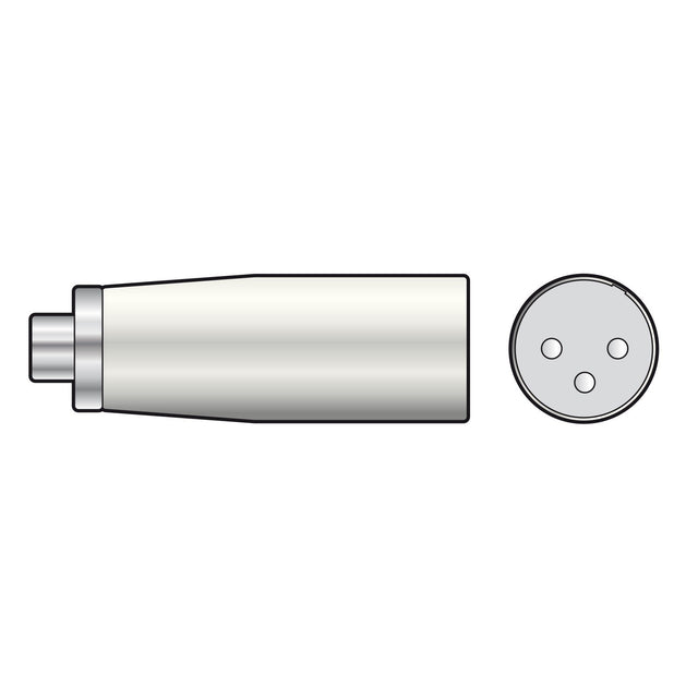 Illustration of the QTX Adaptor RCA Phono Socket - XLR Male, showcasing a cylindrical housing on the left and a circular three-pin configuration on the right, depicted from both a side view and front view. The design is simple and devoid of color, providing a contrast to an RCA phono socket typically utilized for unbalanced audio signals.