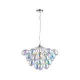 Endon Brenworth 6 light pendant in chrome with a cluster of iridescent glass globe shades suspended from wire cable, shown on a white background.
