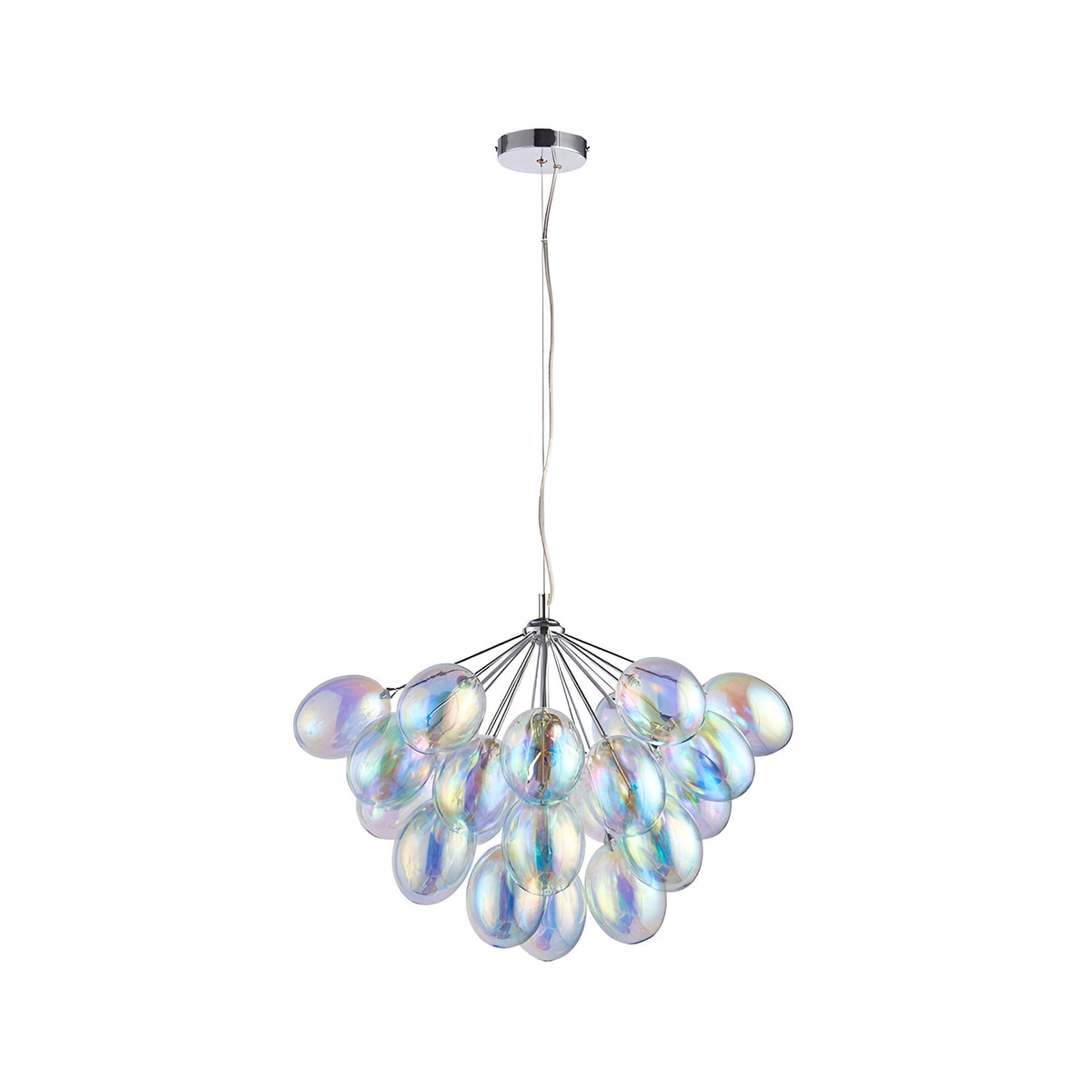 Endon Brenworth 6 light pendant in chrome with a cluster of iridescent glass globe shades on adjustable cable, shown on a plain white background.