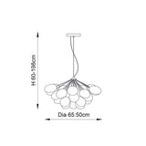 Dimension diagram of Endon Brenworth 6 Light Pendant in chrome, showing clustered glass shades with 65/50cm diameter and 60–198cm adjustable height.