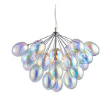 Endon Brenworth 6 light pendant in chrome with a cluster of iridescent glass globe shades suspended from wire cables on a white background.