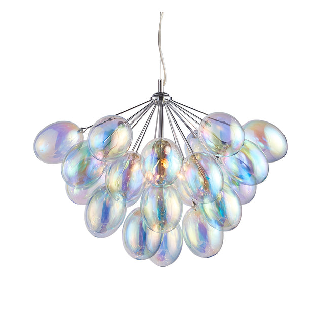 Endon Brenworth 6 light pendant in chrome with a cluster of iridescent glass globe shades suspended from wire cables on a white background.