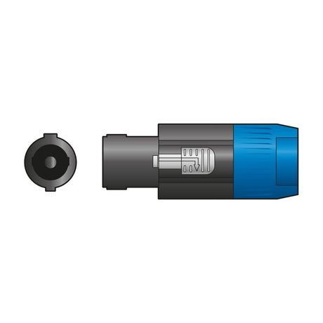 QTX 4-pole Speakon-compatible speaker plug with screw terminals, black body and blue outer shell, shown alongside front-end view on a plain background.