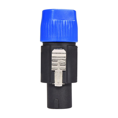 QTX 4 pole Speakon compatible speaker plug with blue screw-on cap, black body and metal locking latch, shown on a white background.