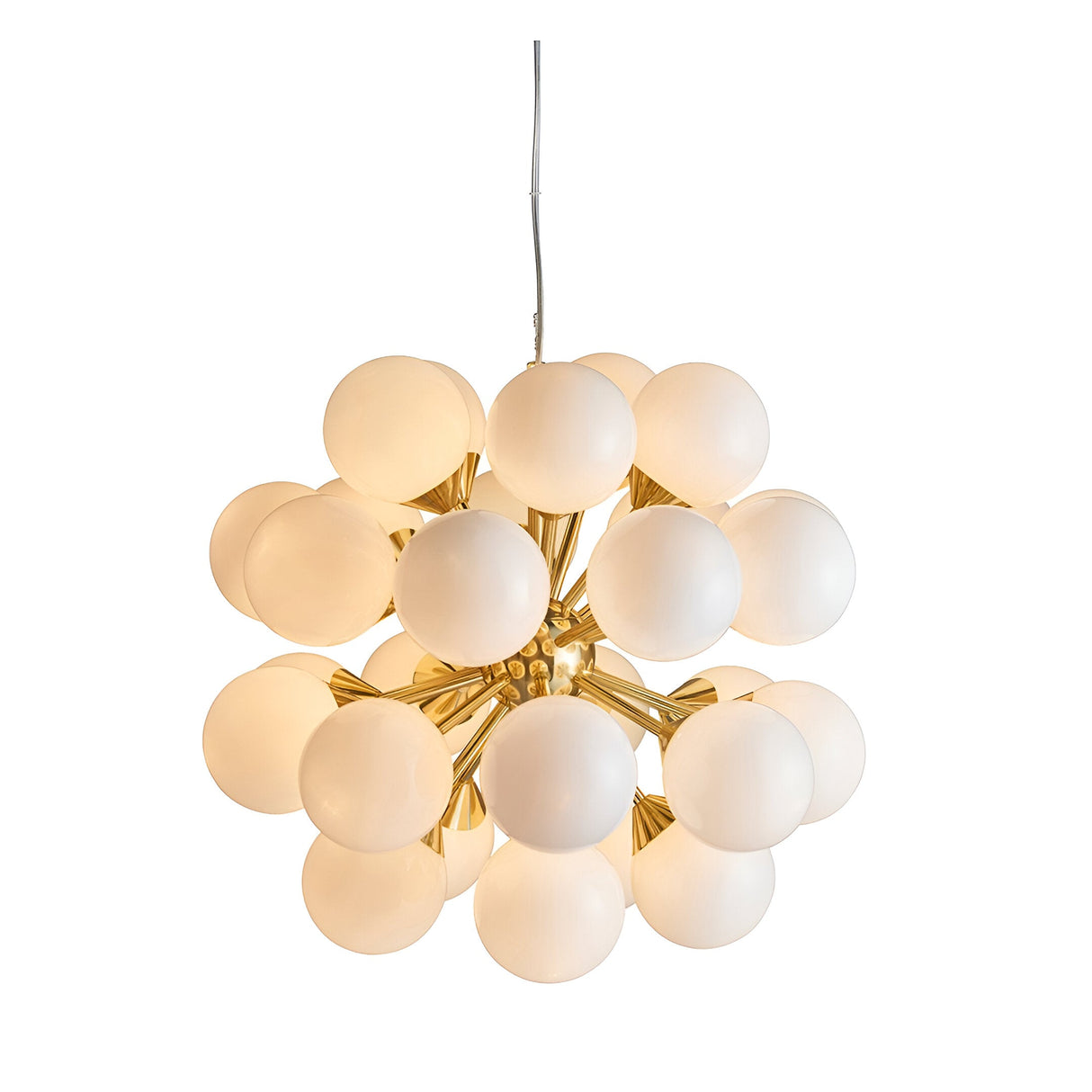 Fitzroy 28 Light Pendant in brushed brass with clustered white opal glass globe shades forming a sunburst shape, shown on a plain white background.