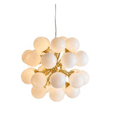 Fitzroy 28 Light Pendant in brushed brass with clustered white opal glass globe shades forming a sunburst shape, shown on a plain white background.