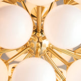 Close-up of the Fitzroy 28 Light Pendant in brushed brass, showing radiating arms and round white opal glass globes in a sunburst cluster.