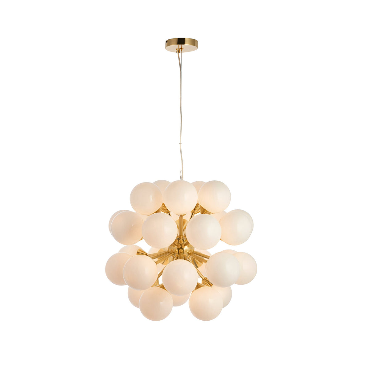 Fitzroy 28 Light Pendant in brushed brass with clustered gloss white opal glass globe shades, shown on a plain white background.