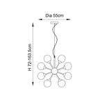 Line drawing of the Fitzroy sunburst pendant light with eight radiating arms and globe shades, showing 55cm diameter and 72-163.5cm adjustable drop.