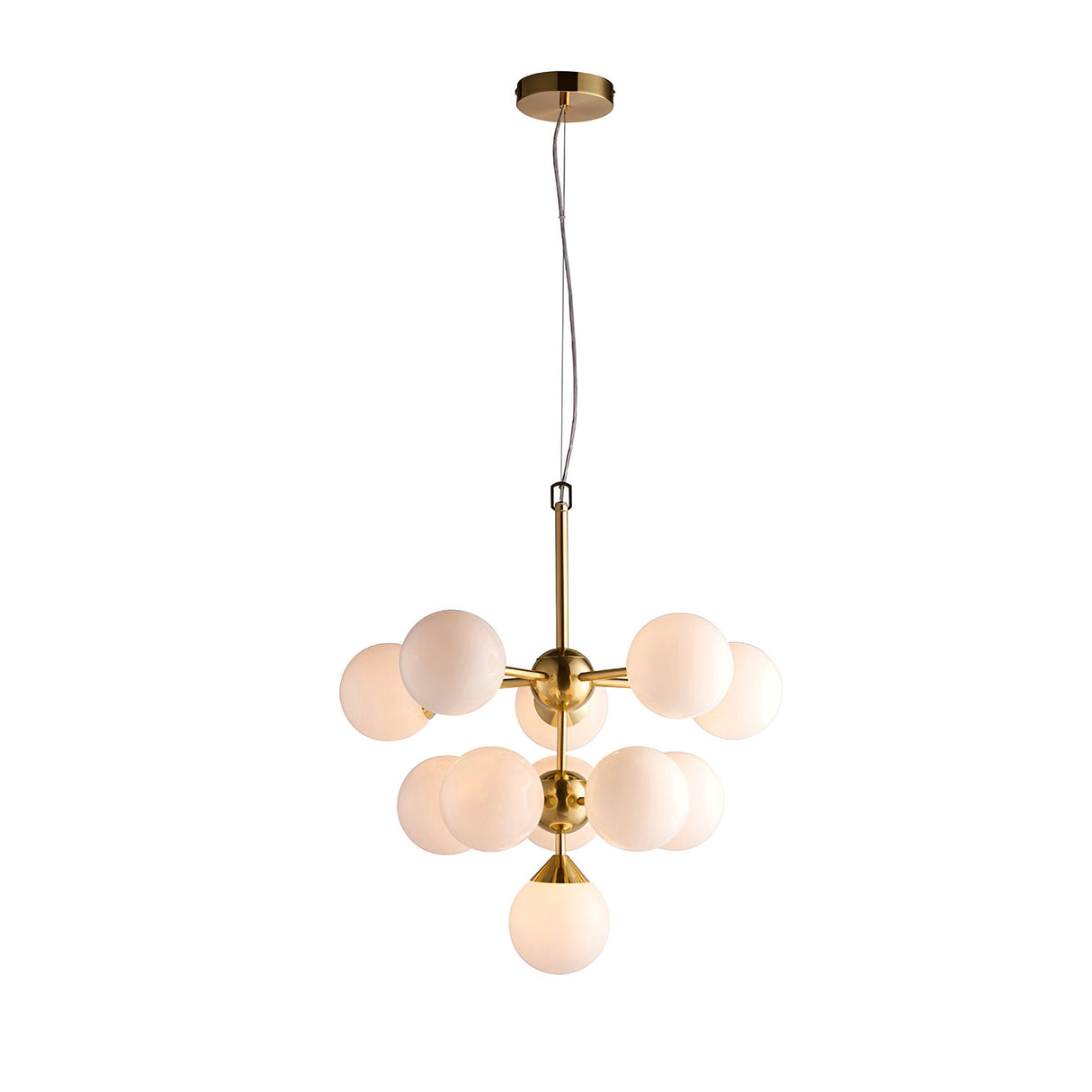 Endon Fitzroy 11 light pendant in brushed brass with tiered arms and gloss opal white glass globe shades, shown on a plain white background.