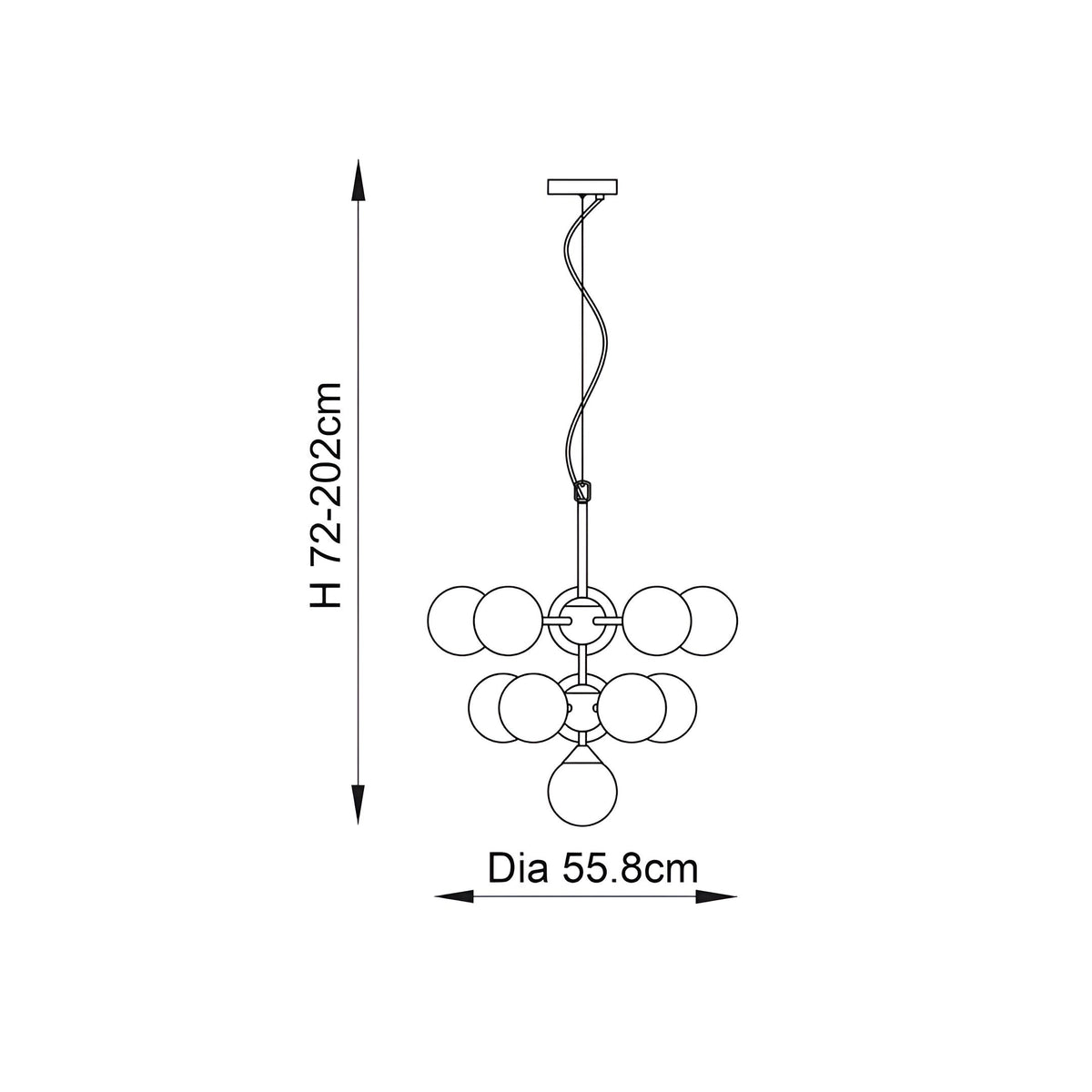 Dimension diagram of the Endon Fitzroy 11 Light Pendant showing a two-tier globe design, 558mm diameter and adjustable 72–202cm height.
