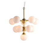 Endon Fitzroy 11 light pendant in brushed brass with two tiers of gloss opal white glass globe shades, shown on a plain white background.