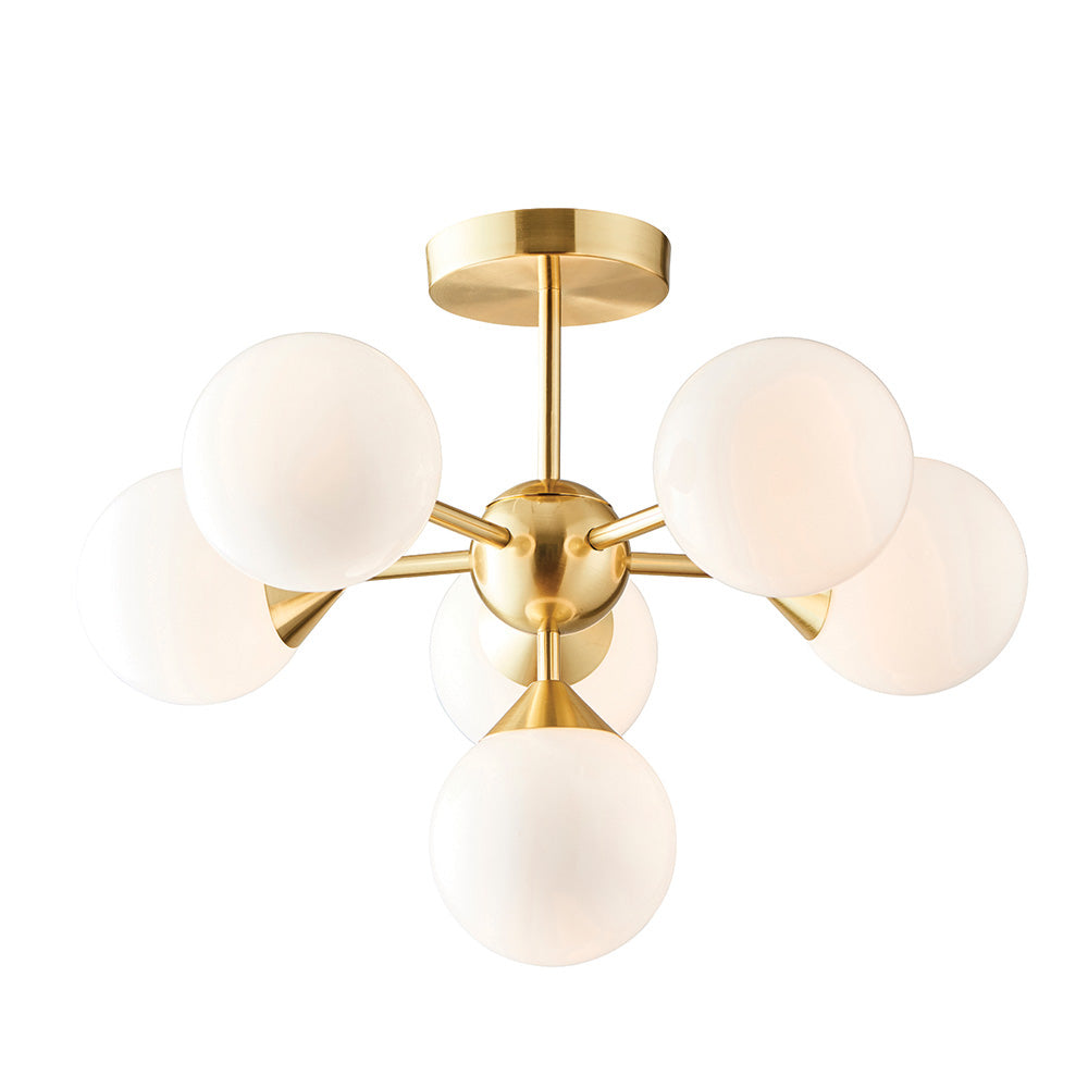 Fitzroy 6 Light Semi-Flush Ceiling Light in gold, brass fitting with six opal glass globes on angled arms, shown on a plain white background.