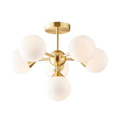 Fitzroy 6 Light Semi-Flush Ceiling Light in gold, brass fitting with six opal glass globes on angled arms, shown on a plain white background.