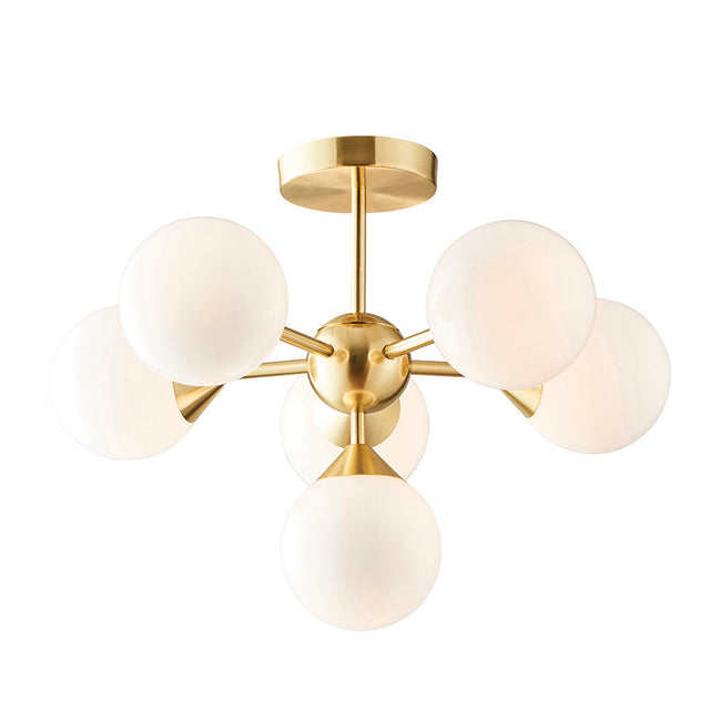 Fitzroy 6 Light Semi-Flush Ceiling Light in gold, brass fitting with six opal glass globes on angled arms, shown on a plain white background.