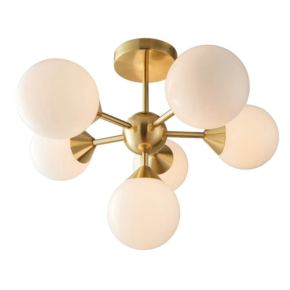 Fitzroy 6 Light Semi-Flush Ceiling Light in gold, brass fitting with six arms holding round opal glass globes, shown on a plain white background.