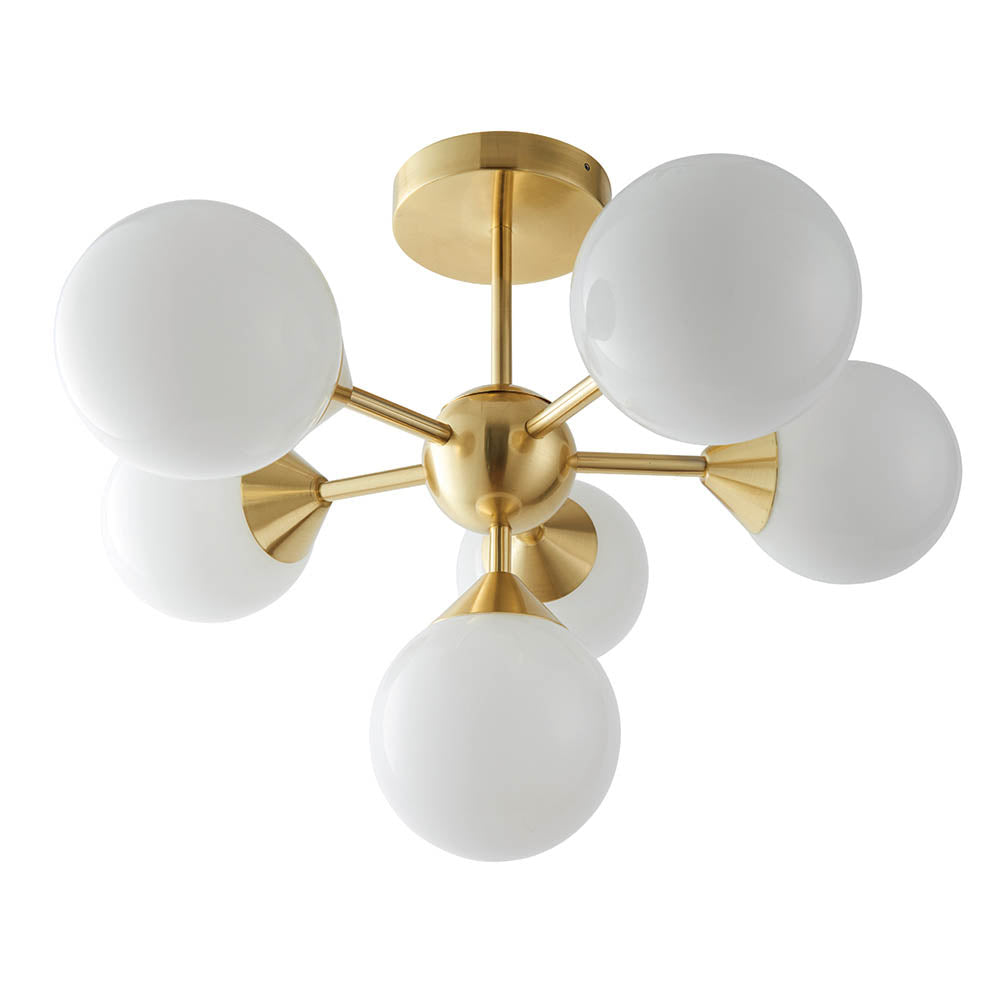 Fitzroy 6 Light Semi-Flush Ceiling Light in gold, brass sputnik-style fitting with six angled arms holding opal glass globe shades, on a plain white background.