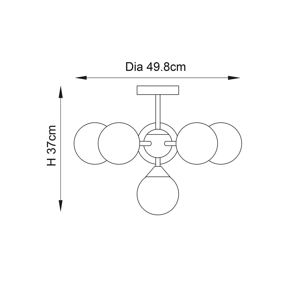 Fitzroy 6 Light Semi-Flush Ceiling Light in gold, technical line drawing showing six glass globes on brass arms, Dia 49.8cm x H 37cm, on white background.
