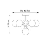 Fitzroy 6 Light Semi-Flush Ceiling Light in gold, technical line drawing showing six glass globes on brass arms, Dia 49.8cm x H 37cm, on white background.