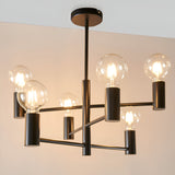 Endon Marlowe 6 Light semi-flush ceiling light in matt black metal, six arms with exposed globe bulbs radiating from a central rod.