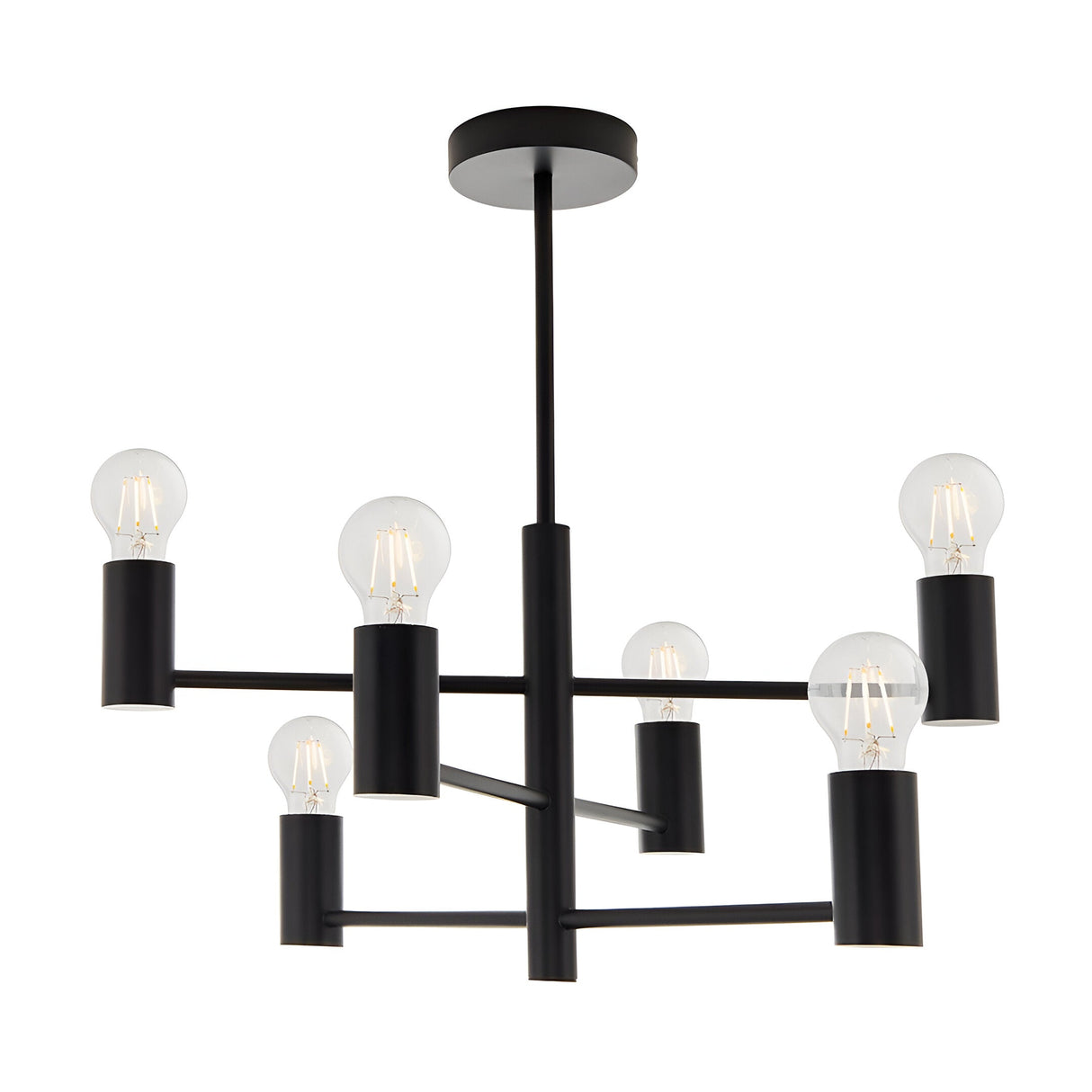 Endon Marlowe 6 light semi-flush ceiling light in matt black metal, with six exposed E27 bulbs on cylindrical arms at staggered heights.