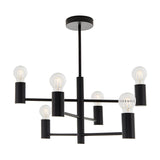 Endon Marlowe 6 light semi-flush ceiling light in matt black metal, with six exposed E27 bulbs on cylindrical arms at staggered heights.