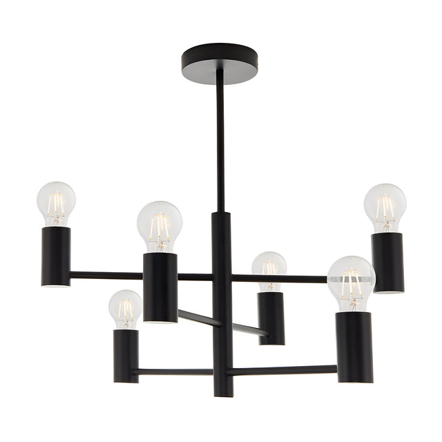 Endon Marlowe 6 light semi-flush ceiling light in matt black metal, with six exposed E27 bulbs on cylindrical arms at staggered heights.