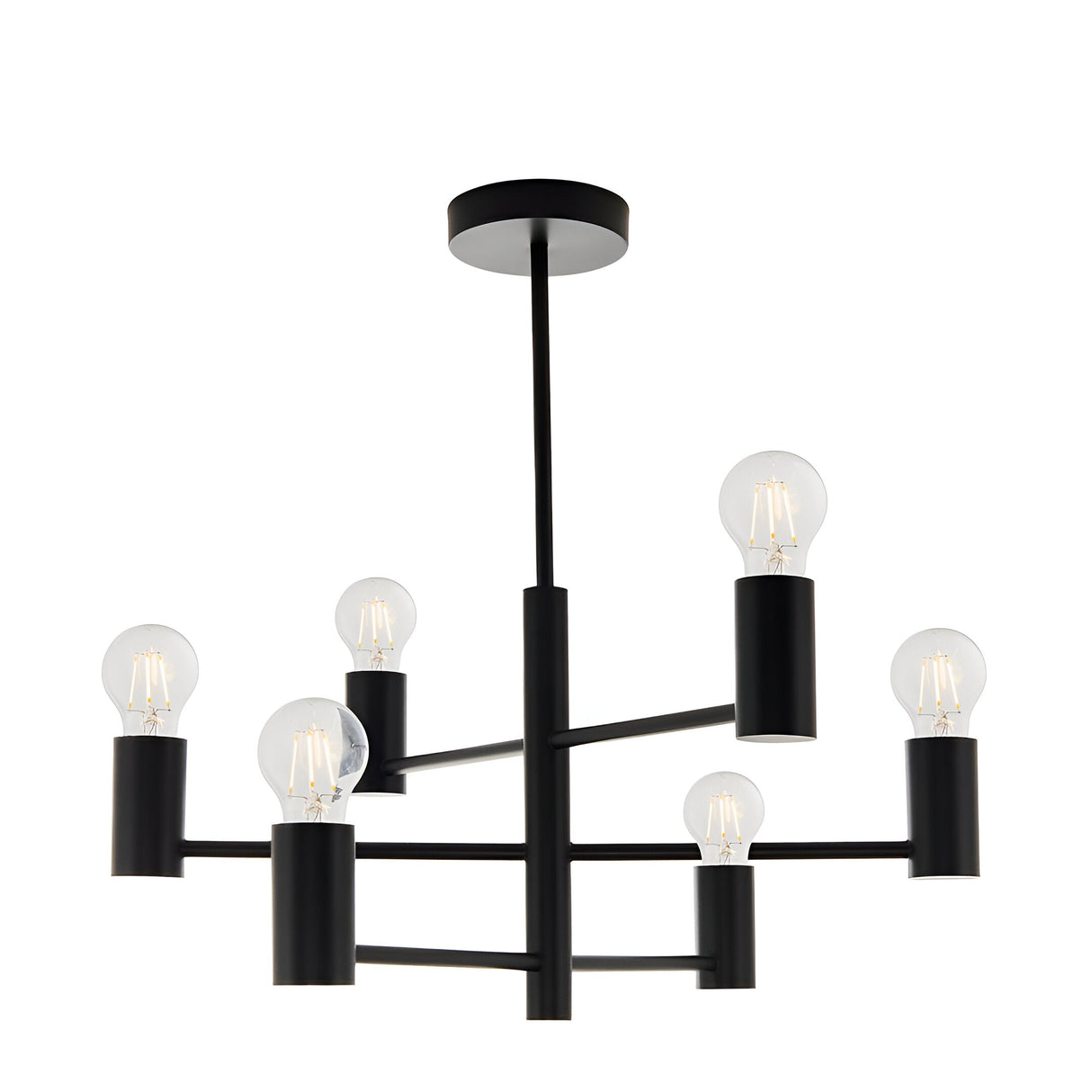 Endon Marlowe 6 Light semi-flush ceiling light in matt black metal with six exposed E27 bulbs on straight arms, shown on a white background.
